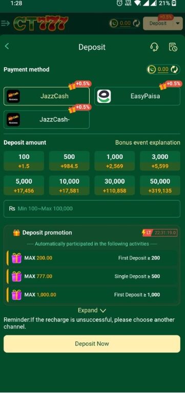 CT777 Game deposit screen showing JazzCash and EasyPaisa payment options, deposit amounts, bonus rewards, and instant recharge interface