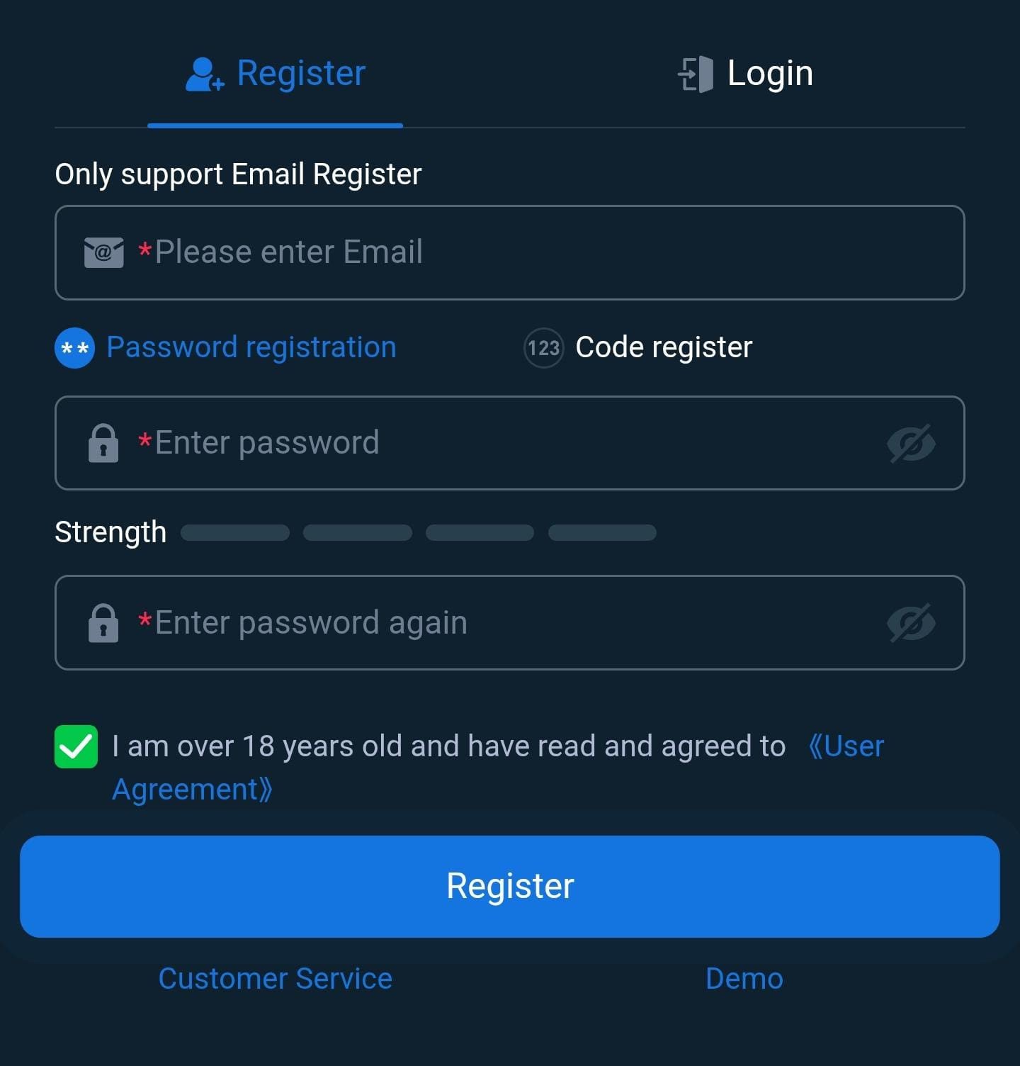 registration screen with email form ss.