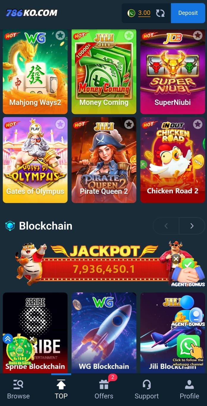 "Online casino mobile app interface showing popular slot games and cryptocurrency blockchain jackpot game."