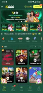 K666 Game real money earning app homepage screenshot showing Aviator, JILI Slots, PG Slots and bonus offers