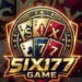 A vibrant, gold-accented casino game logo for "Six177 Game" featuring a fan of playing cards and a circular emblem
