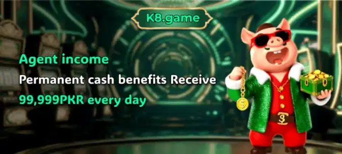 Screenshot of promotional text for the K8 gaming platform, highlighting that players can earn real money rewards through gameplay, bonuses, and referrals. It features a cartoon pig character in a green outfit holding a trophy, with overlaid text reading "Agent Income Permanent cash benefits Receive 99,999PKR every day."