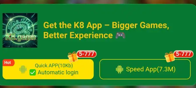 K8 Game App," showing an inserted banner image with a green background promoting "Get the K8 App - Bigger Games, Better Experience" featuring icons for "Quick APP(10kb Automatic login)" and "Speed App(7.3M)," followed by a table listing app features such as App Name "K8 Game