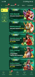 K666 Game real money earning app screenshot showing reward system
