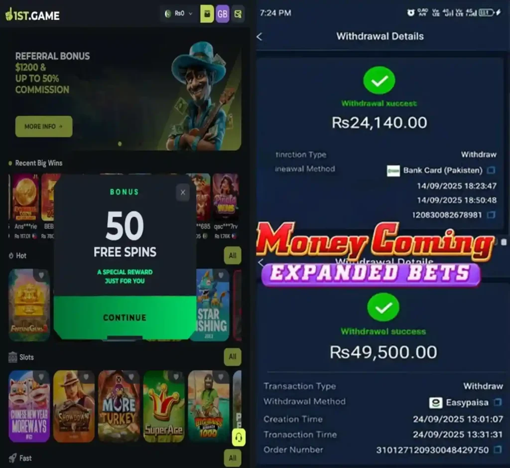 1st game mobile interface and withdrawal proof