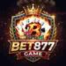 Professional logo for Bet877 Game featuring a golden crown, a flaming "B" shield, poker cards, and chips on a dark casino background.